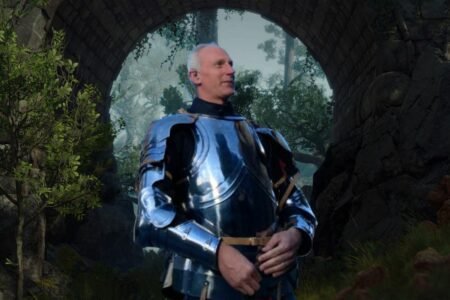 Larian Studios CEO Swen Vincke in Armor, landscape from BG3 in background