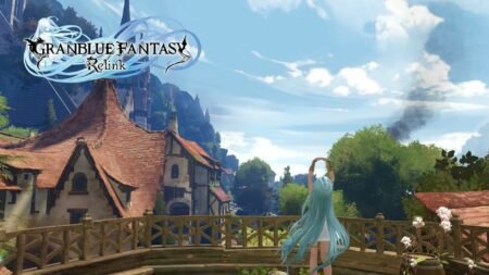 Character looking at a village from a bridge in Granblue Fantasy Relink