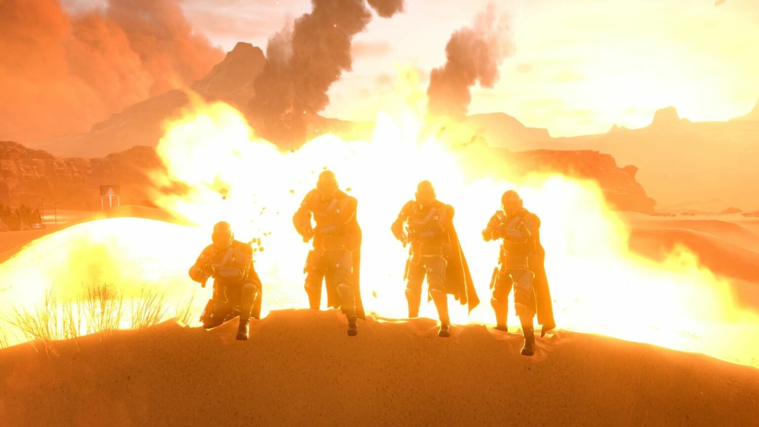 Party of players in Helldivers 2 standing against a big explosion