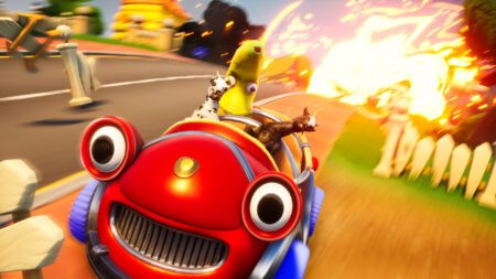 Goats drive away from an explosion in a cartoon car in Goat Simulator 3's Multiverse of Nonsense DLC.