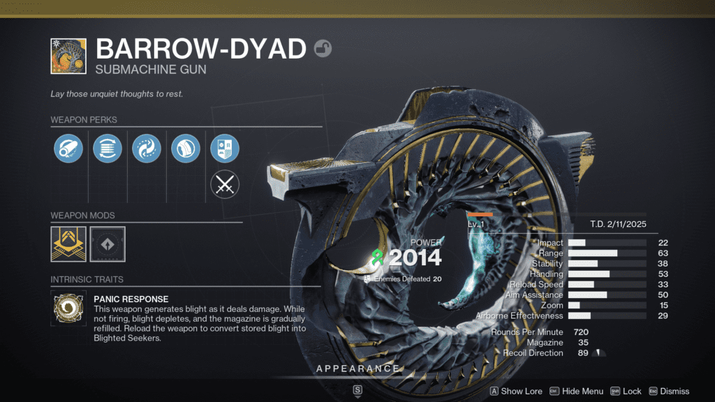 The Barrow Dyad's stat screen in Destiny 2: Heresy