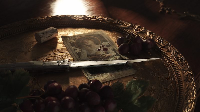 A bloody blade on a picture of a saint in Mafia: The Old Country