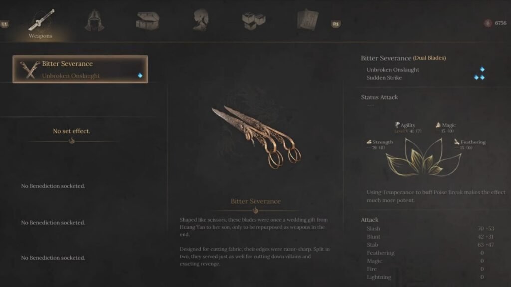 A screenshot of Bitter Severance Dual Blades in Wuchang Fallen Feathers