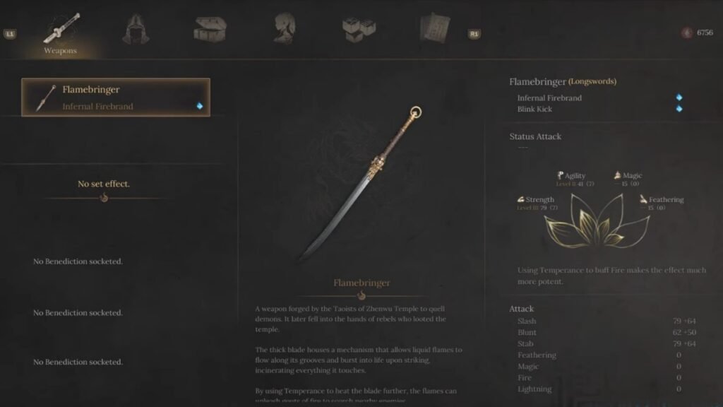 A screenshot of Flamebringer Sword in Wuchang Fallen Feathers.