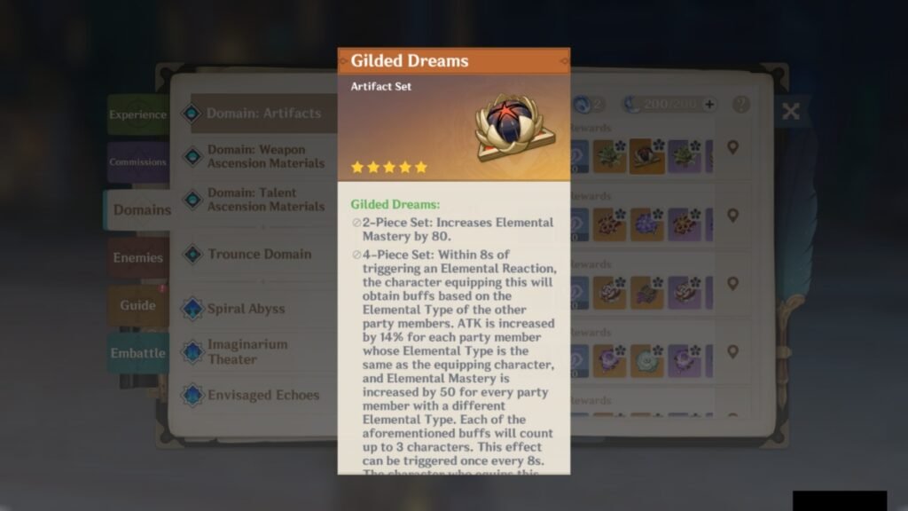 Genshin Impact: Best Ineffa Build Guide (Weapons, Artifacts, & Kit) | Genshin Impact | GamesHorizon A screenshot of Gilded Dreams artifact set along with its description in Genshin Impact