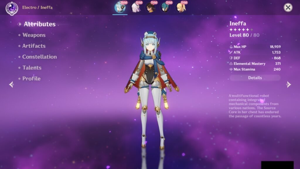 Genshin Impact: Best Ineffa Build Guide (Weapons, Artifacts, & Kit) | Genshin Impact | GamesHorizon A-screenshot-of-Ineffa-attributes-in-her-character-trial-screen-in-Genshin-Impact