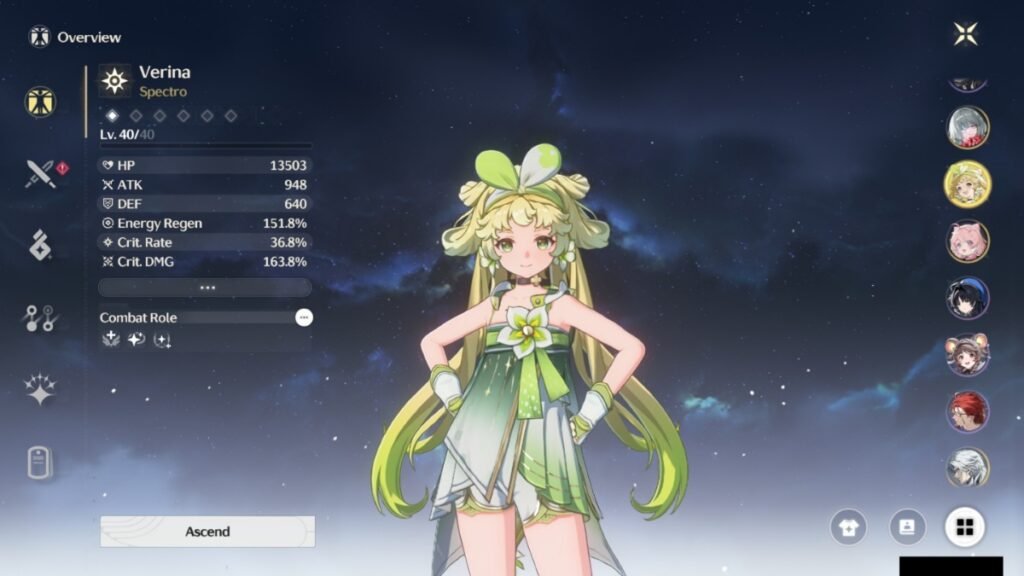 A screenshot of Verina from her character select screen in Wuthering Waves