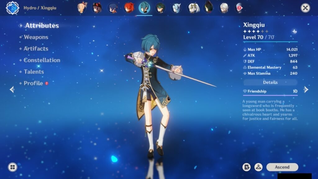 A screenshot of Xingqiu attribute screen in Genshin Impact