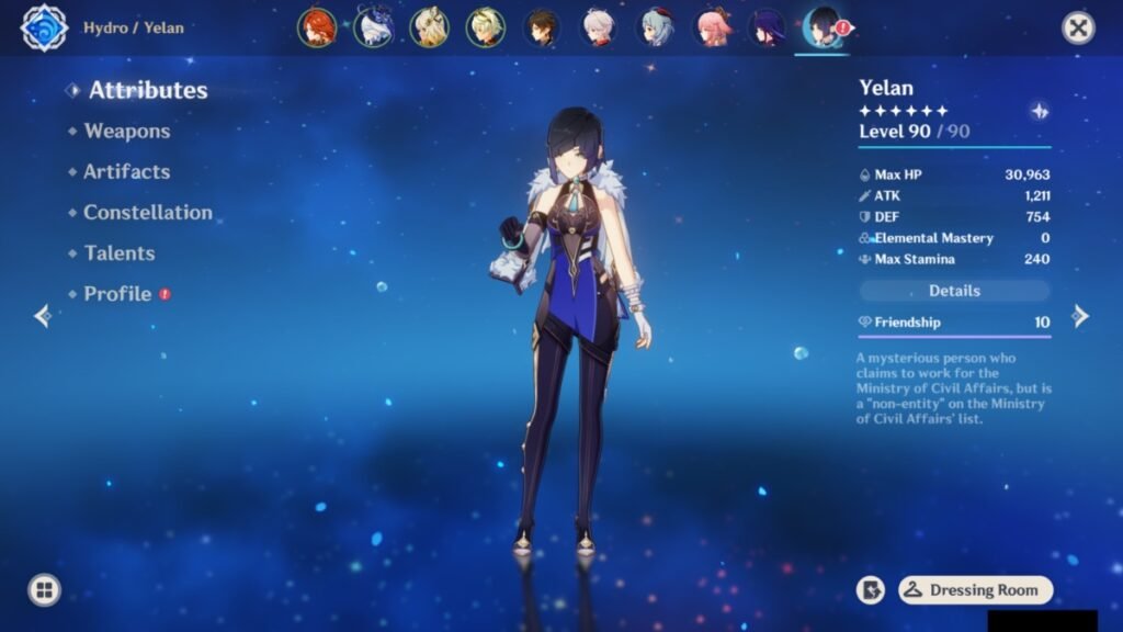 Genshin Impact: Best Ineffa Team Composition (Premium, General, & F2P) | Genshin Impact | GamesHorizon A screenshot of Yelan attribute screen in Genshin Impact