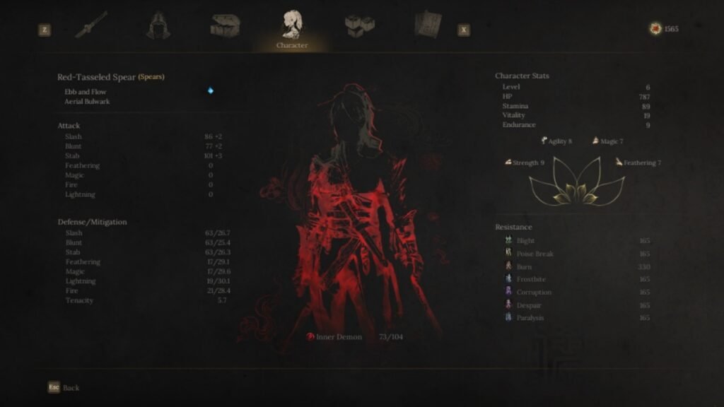 A screenshot of character description screen with Madness meter in Wuchang Fallen Feathers