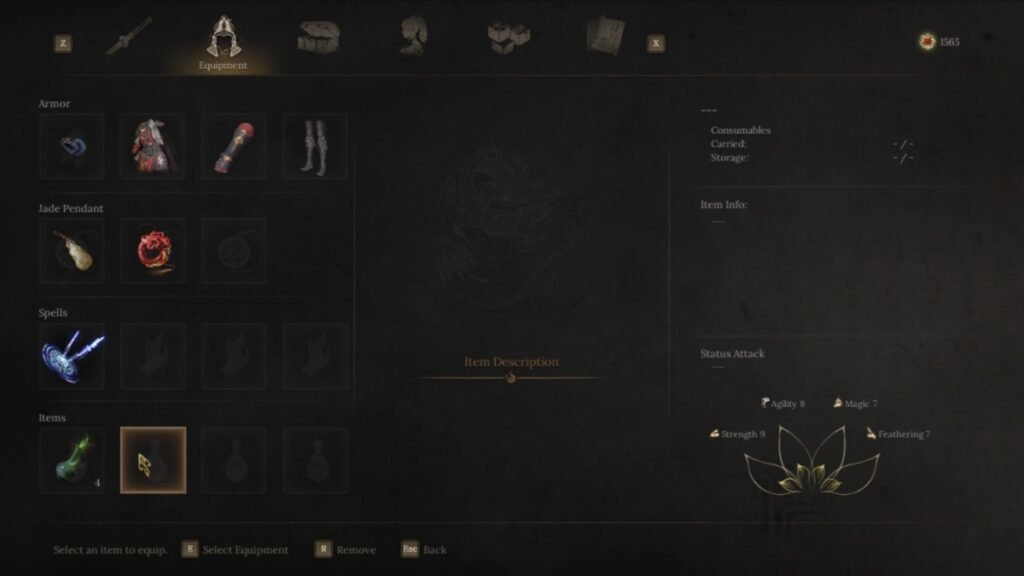 A screenshot of item inventory menu in Wuchang Fallen Feathers
