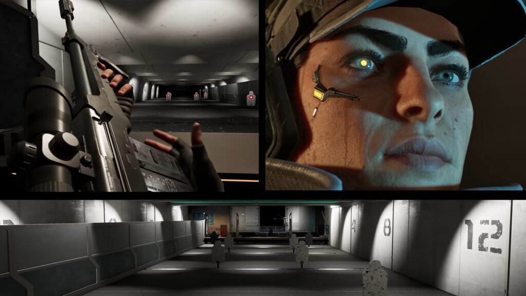A split screenshot of the player and then a hallway and weapons in Killing Floor 3.
