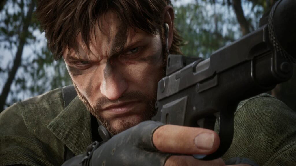 Naked Snake with a pistol in his hand looking to the right.