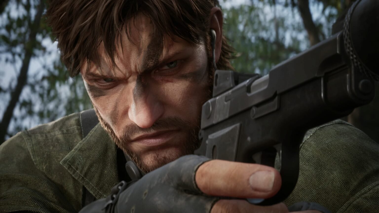 Naked Snake with a pistol in his hand looking to the right.