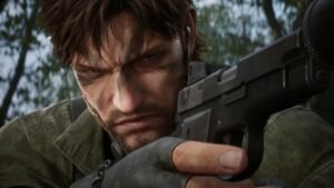 Naked Snake with a pistol in his hand looking to the right.