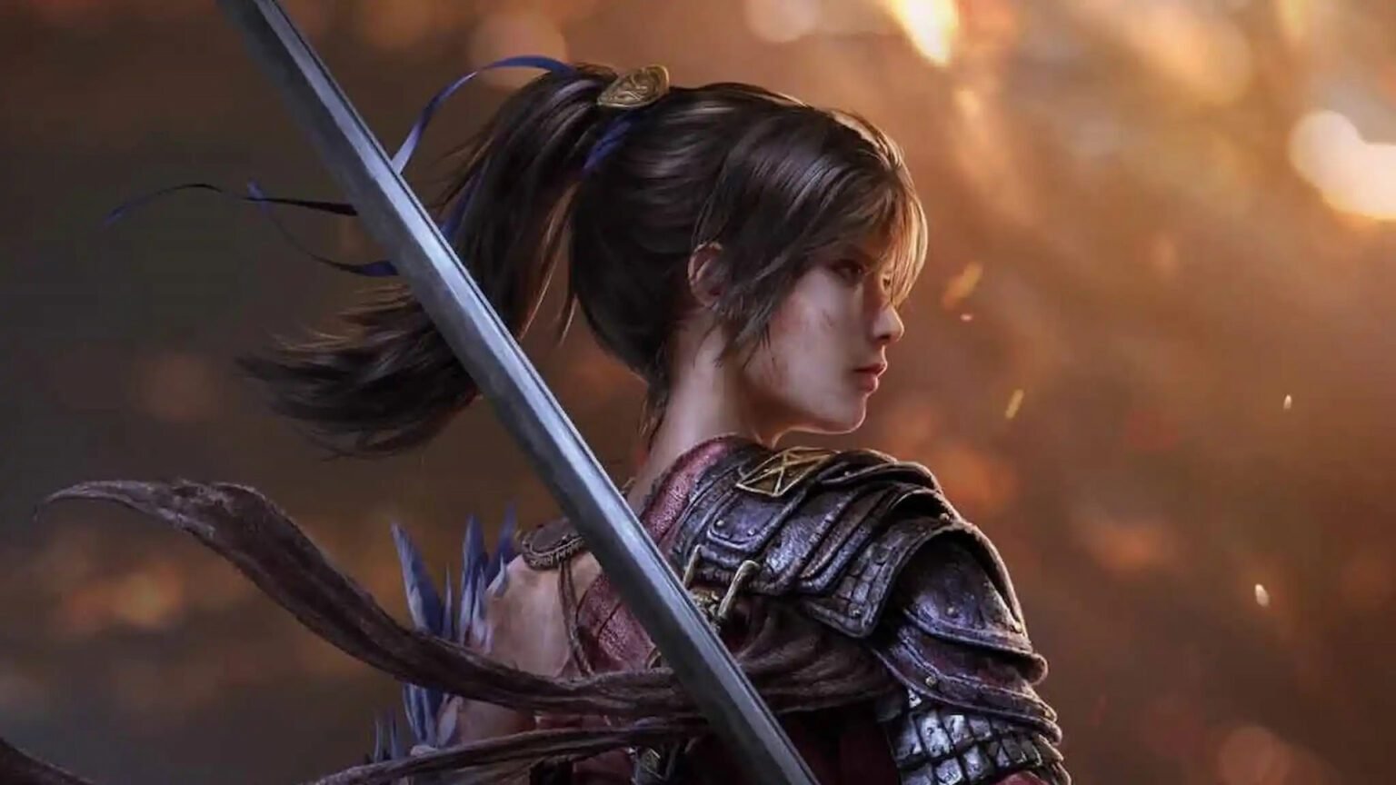 The female protagonist of Wuchang: Fallen Feathers holding a weapon and looking to the right.