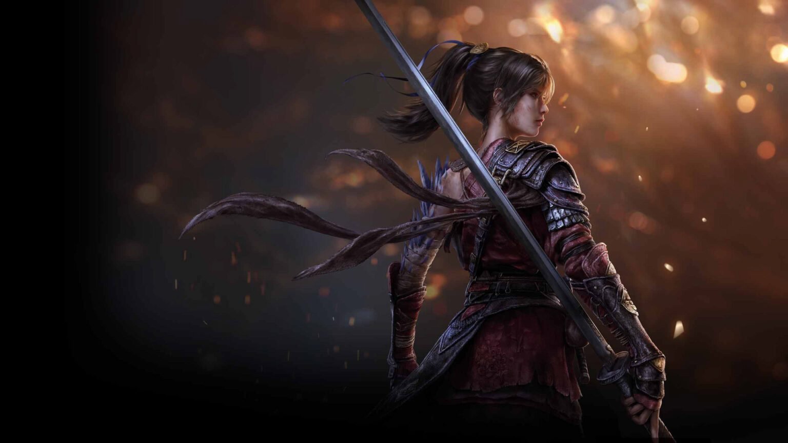 The female protagonist of Wuchang: Fallen Feathers holding a weapon and looking to the right.