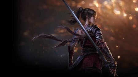 The female protagonist of Wuchang: Fallen Feathers holding a weapon and looking to the right.