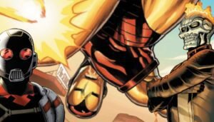 Iron man fighting others.
