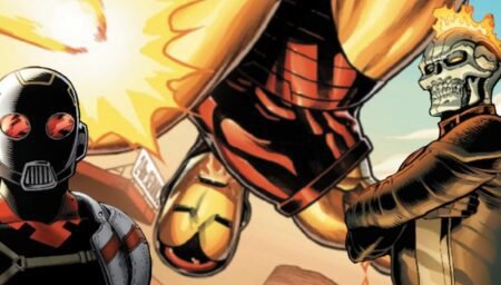 Iron man fighting others.