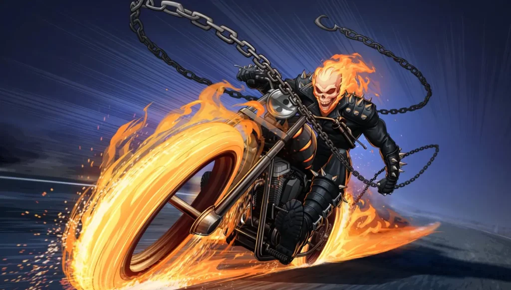 Night rider using a chain while driving his bike.