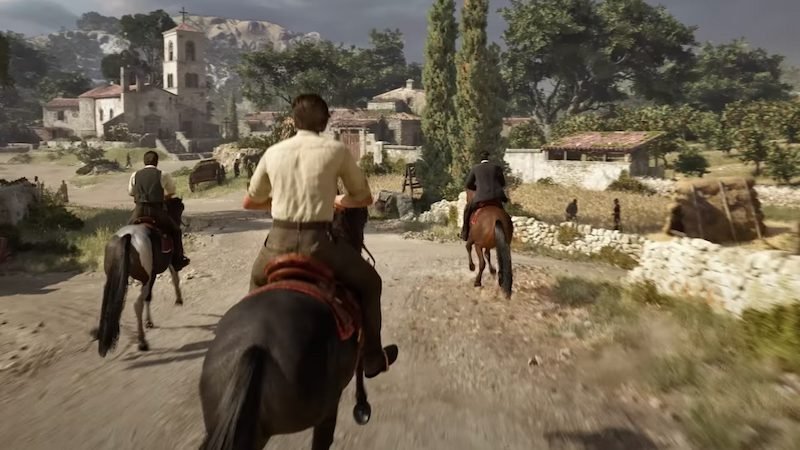 Men riding horses through town in Mafia: The Old Country
