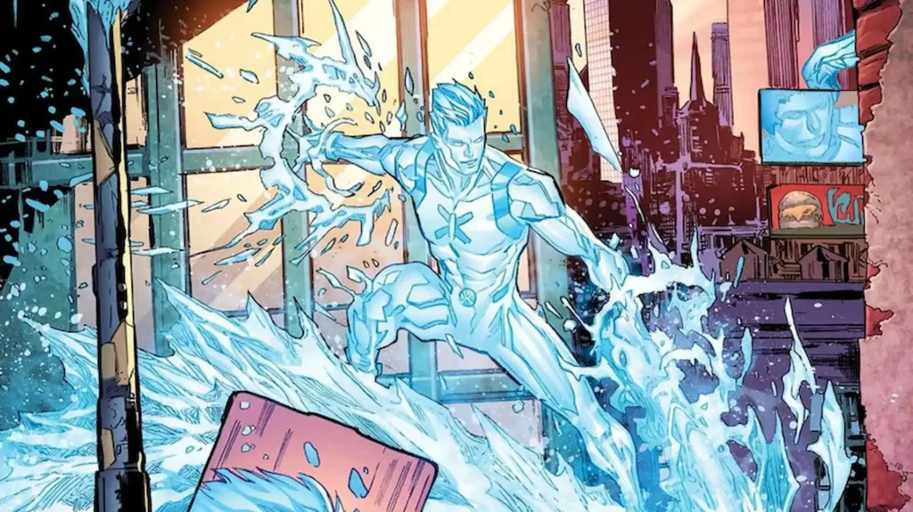 Iceman using his ice power to slide.