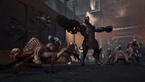 An angry looking zombie with a weapon near others in Killing Floor 3.
