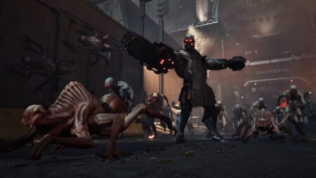 An angry looking zombie with a weapon near others in Killing Floor 3.