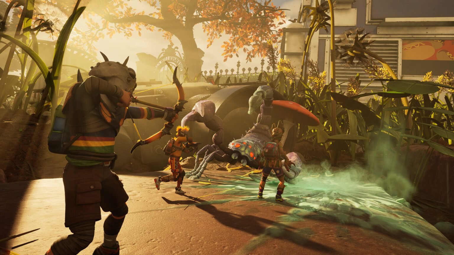 The player aiming a bow at insects in Grounded 2.