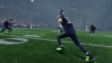 A Seahawks defender closes in on a Cardinals player during a rainy matchup in Madden NFL 26