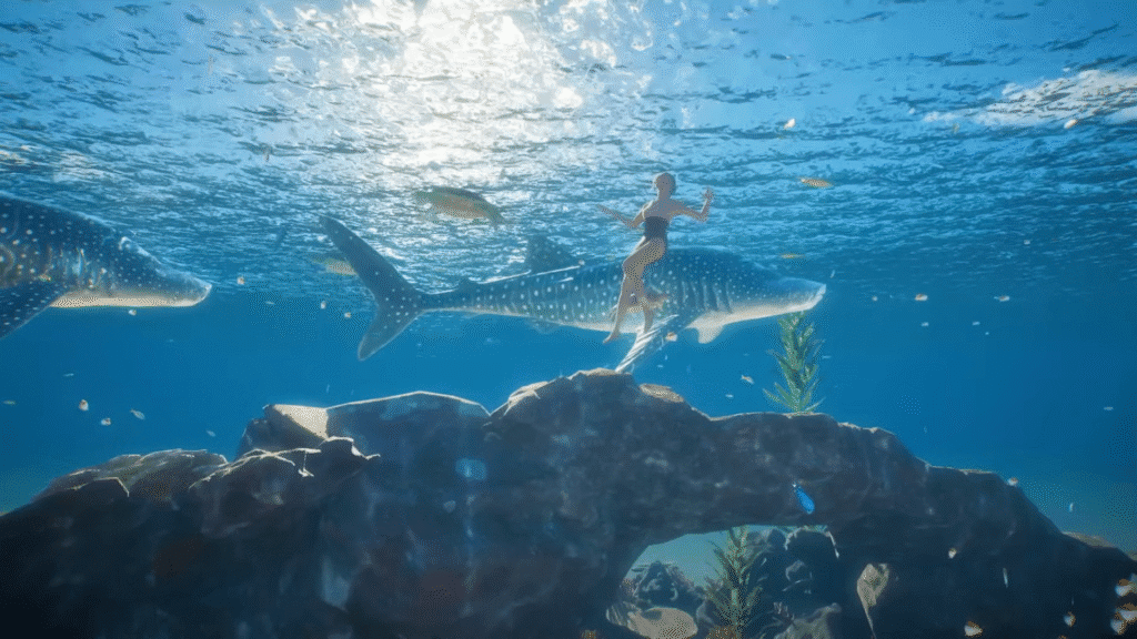 Zoi in a ocean around different fishes in inZOI