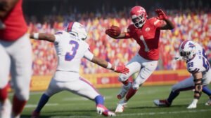 A Kancis City Commander juking a Buffalo Bill in an NFL game in Madden 26