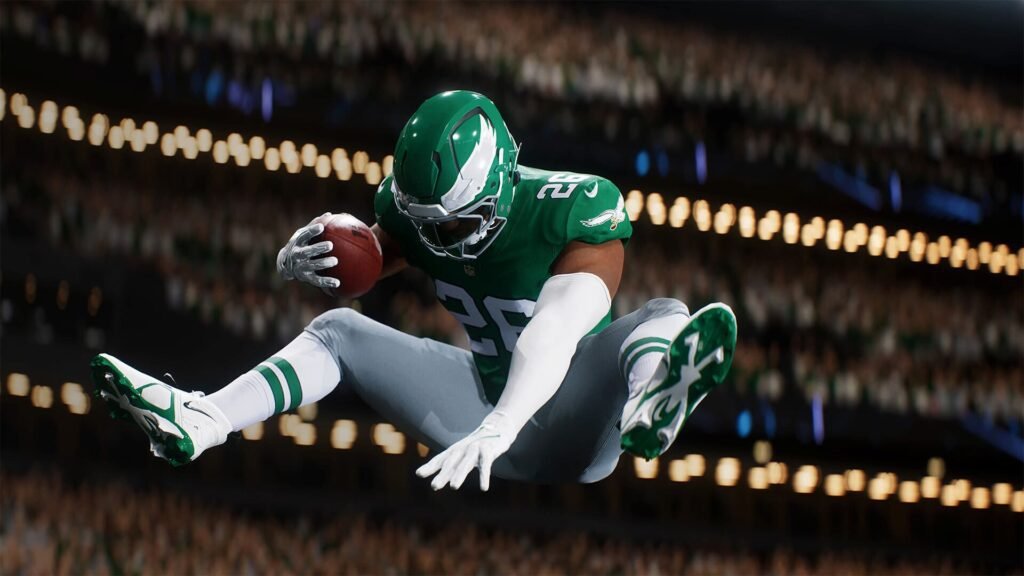 Madden NFL 26 Auction House Explained | | GamesHorizon A Philadelphia Eagles player jumping in the air in Madden 26