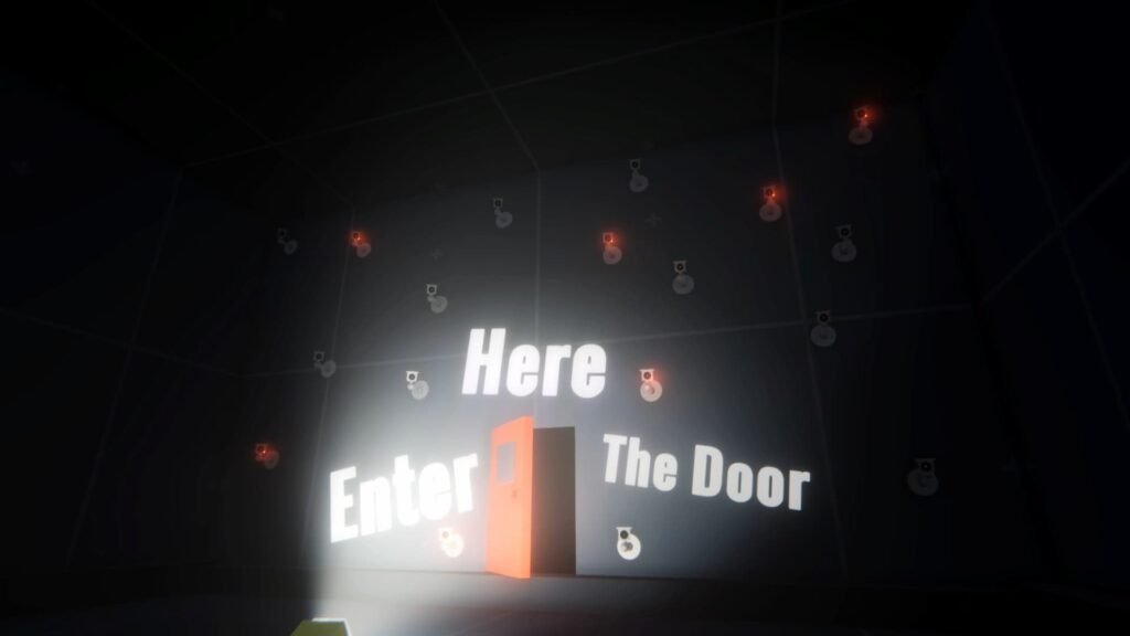 A door surrounded by cameras that says to enter there in When the Darkness Comes