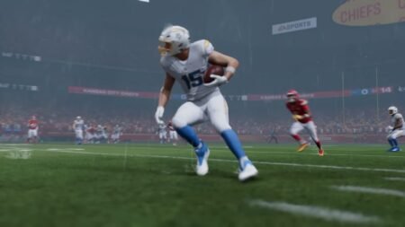 A player in the rain with the ball in Madden NFL 26