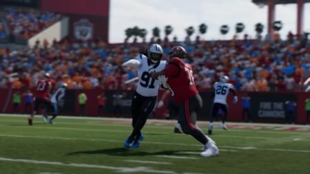 A player tackling the ball carrier in Madden NFL 26