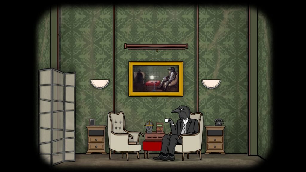A raven sitting with a scary figure in a portrait over a raven sitting alone
