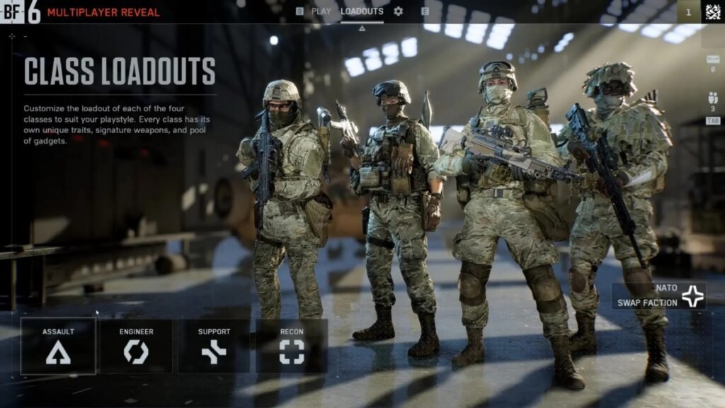 A screenshot from Battlefield 6 showing all four playable classes 