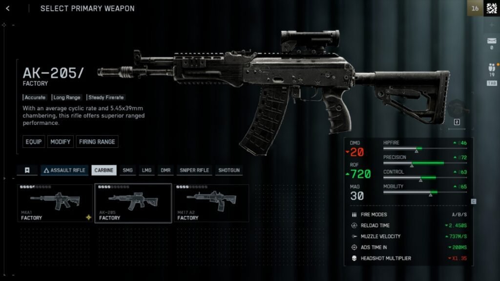 A screenshot of AK-205 Carbine from the weapon selection menu in Battlefield 6