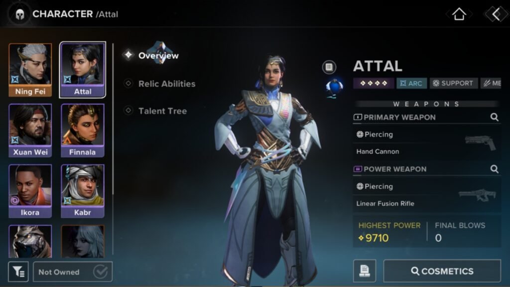 All Talent Trees in Destiny Rising | Destiny Rising | GamesHorizon A screenshot of Attal standing beside her bird in her overview screen in Destiny Rising
