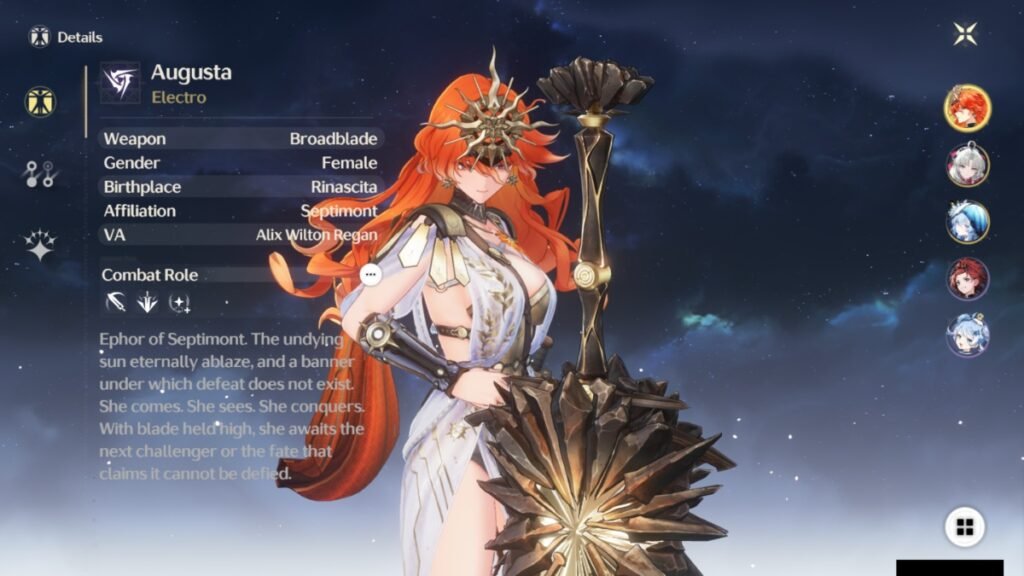 Wuthering Waves: Best Augusta Build Guide (Weapons, Echoes, & Kit) | Wuthering Waves | GamesHorizon A screenshot of Augusta holding her sword along with her description in Wuthering Waves