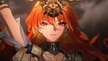 A screenshot of Augusta raising her hand while staring at the player in Wuthering Waves