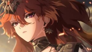 A screenshot of Augusta staring down with her hair flowing in Wuthering Waves