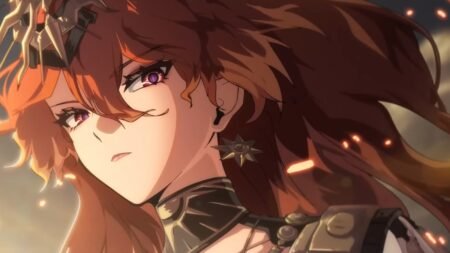 A screenshot of Augusta staring down with her hair flowing in Wuthering Waves
