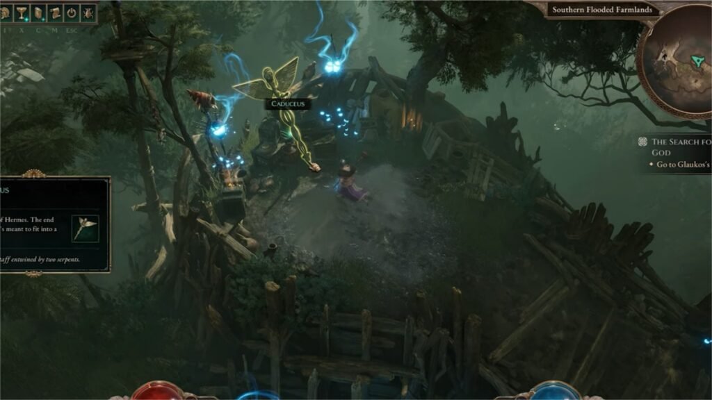 Titan Quest 2: How to complete the Trickster's Shrine Puzzle | Titan Quest 2 | GamesHorizon A screenshot of Caduceus in the Bandit Camp in Southern Flooded Farmlands in Titan Quest 2.