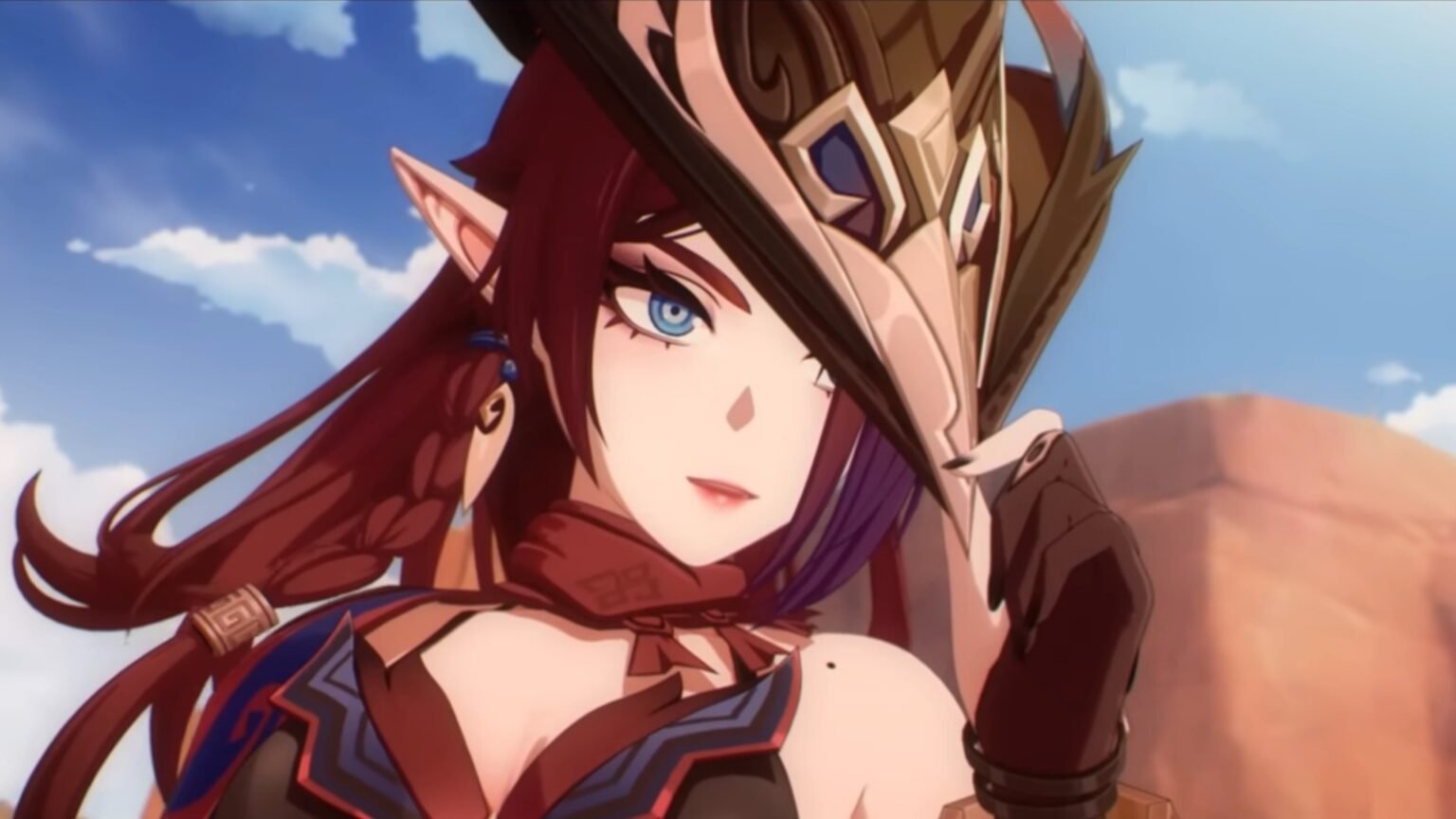 A screenshot of Chasca holding her hat from her trailer in Genshin Impact