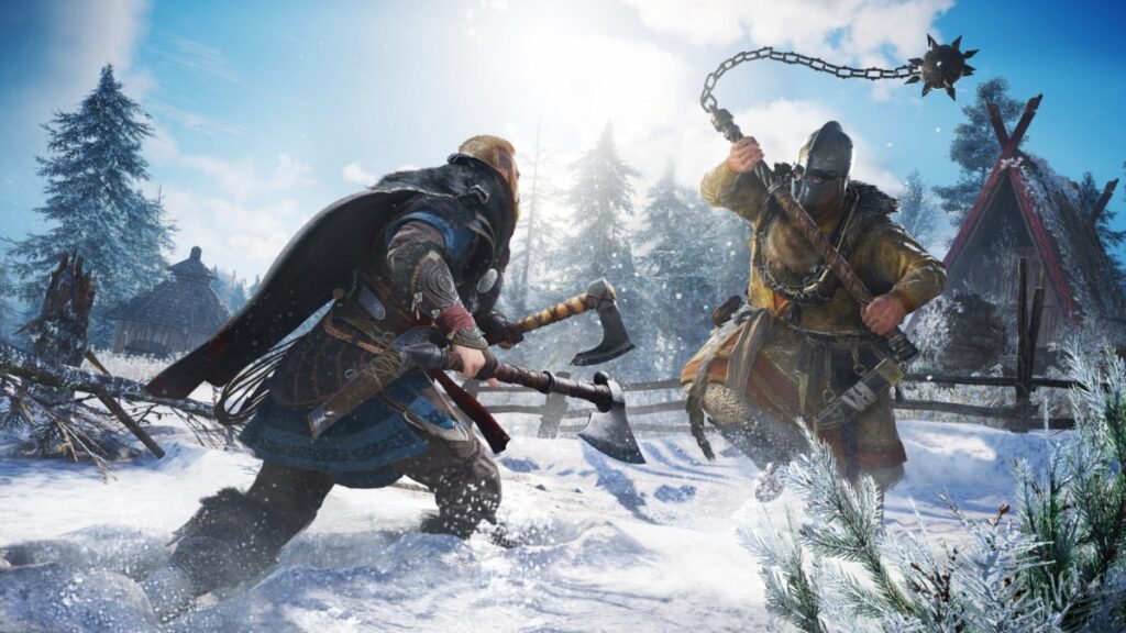 A screenshot of Eivor fighting an enemy in AC Valhalla