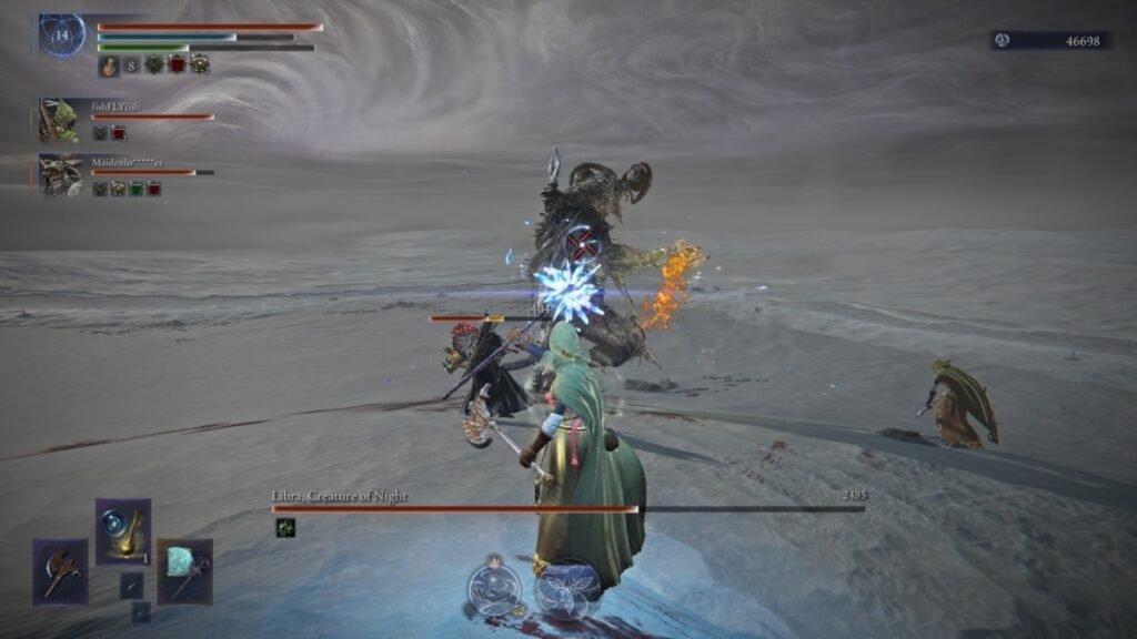 A screenshot of Everdark Sovereign Equlibrious Beast summoning characters in Elden Ring Nightreign