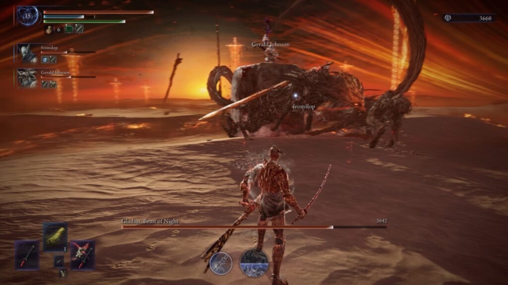 A screenshot of Executor fighting against Everdark Sovereign Tricephalos in Elden Ring Nightreign